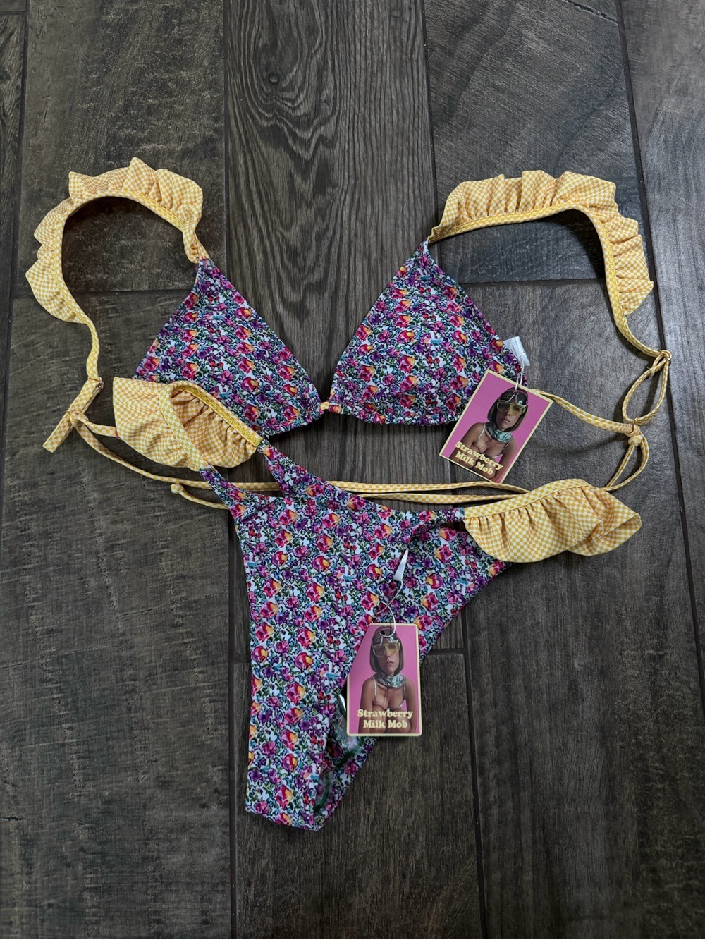 Strawberry Milk Mob Purple Floral Bikini with Yellow Gingham Ruffle